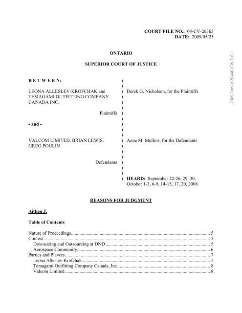 Leona Alleslev-Krofchak et al vs. Valcom Limited - Beament Green ...