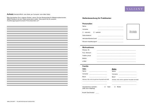 Stellenbewerbung für Praktikanten Personalien ... - Valiant V4U