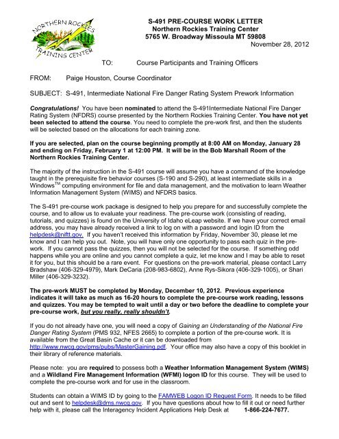 S 491 Pre Course Work Letter Northern Rockies National