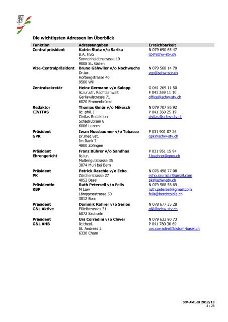 Adressen Vereinsjahr 2012/2013 Listes des adresses ... - Schw. StV