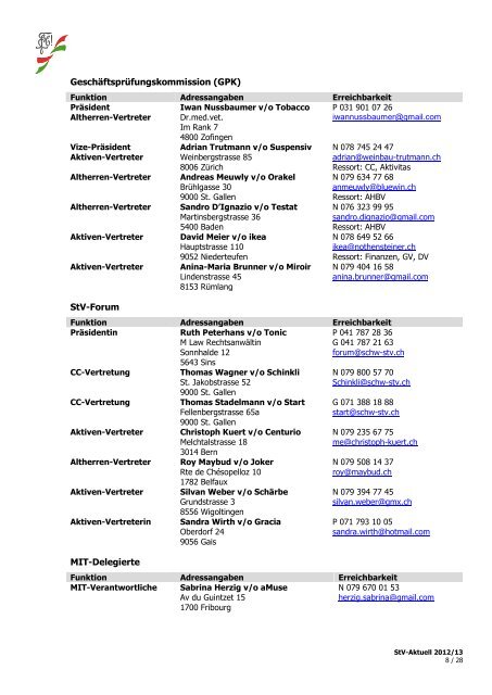 Adressen Vereinsjahr 2012/2013 Listes des adresses ... - Schw. StV