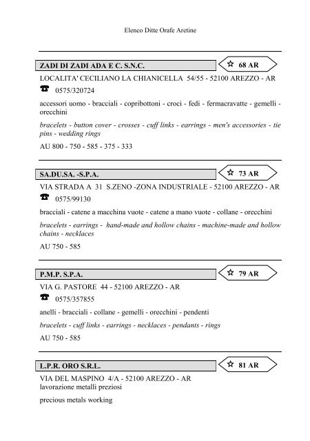 Elenco delle Ditte Orafe Aretine - Camera di Commercio Arezzo