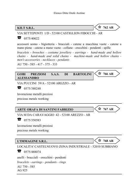 Elenco delle Ditte Orafe Aretine - Camera di Commercio Arezzo