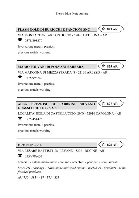 Elenco delle Ditte Orafe Aretine - Camera di Commercio Arezzo