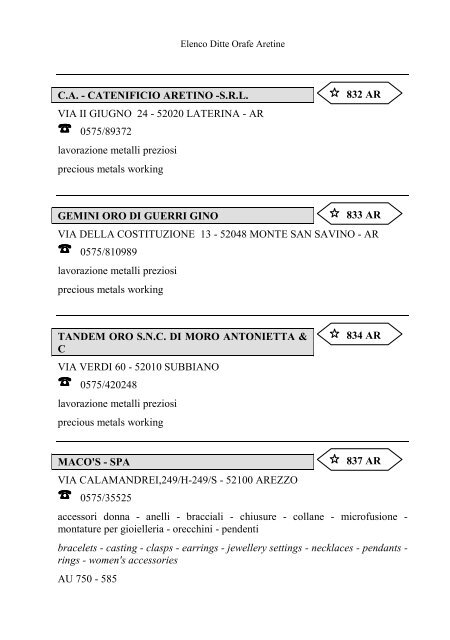 Elenco delle Ditte Orafe Aretine - Camera di Commercio Arezzo