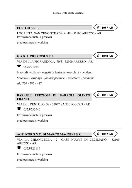 Elenco delle Ditte Orafe Aretine - Camera di Commercio Arezzo