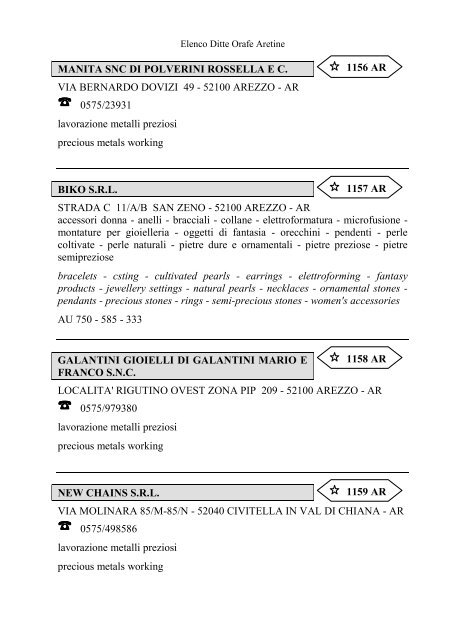 Elenco delle Ditte Orafe Aretine - Camera di Commercio Arezzo