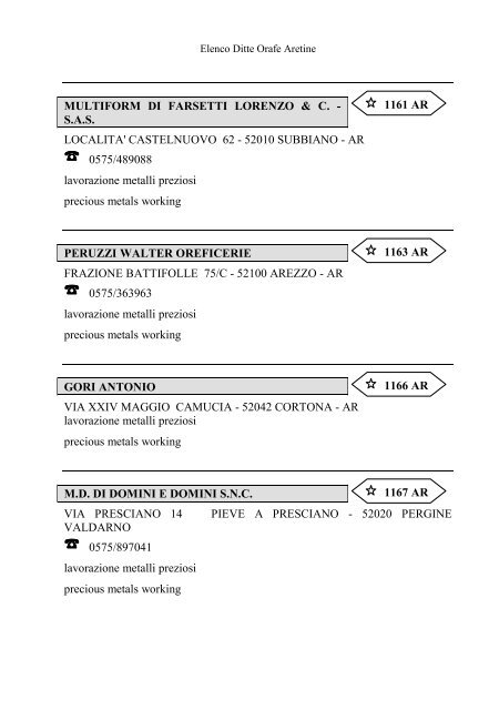 Elenco delle Ditte Orafe Aretine - Camera di Commercio Arezzo