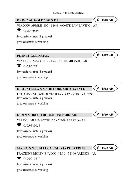 Elenco delle Ditte Orafe Aretine - Camera di Commercio Arezzo