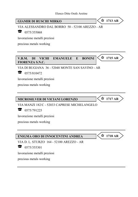 Elenco delle Ditte Orafe Aretine - Camera di Commercio Arezzo