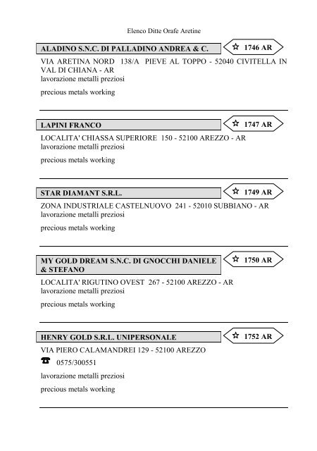 Elenco delle Ditte Orafe Aretine - Camera di Commercio Arezzo