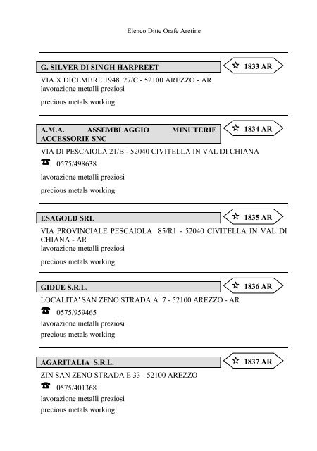 Elenco delle Ditte Orafe Aretine - Camera di Commercio Arezzo