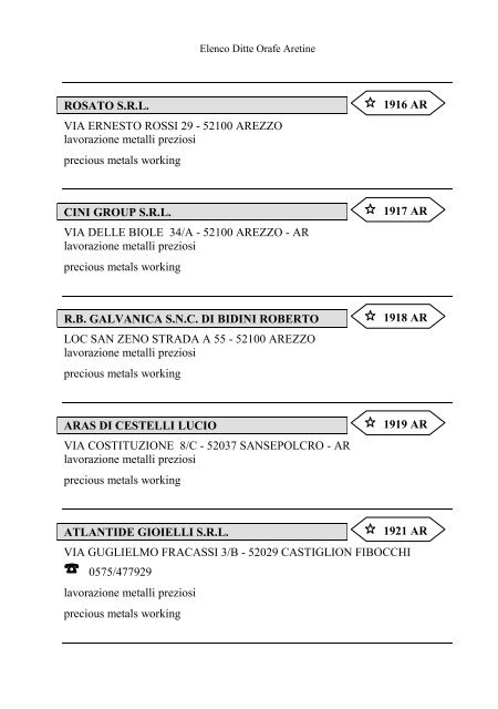 Elenco delle Ditte Orafe Aretine - Camera di Commercio Arezzo
