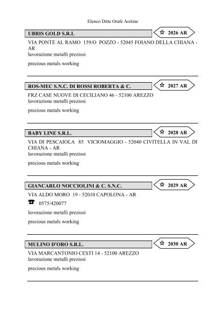 Elenco delle Ditte Orafe Aretine - Camera di Commercio Arezzo