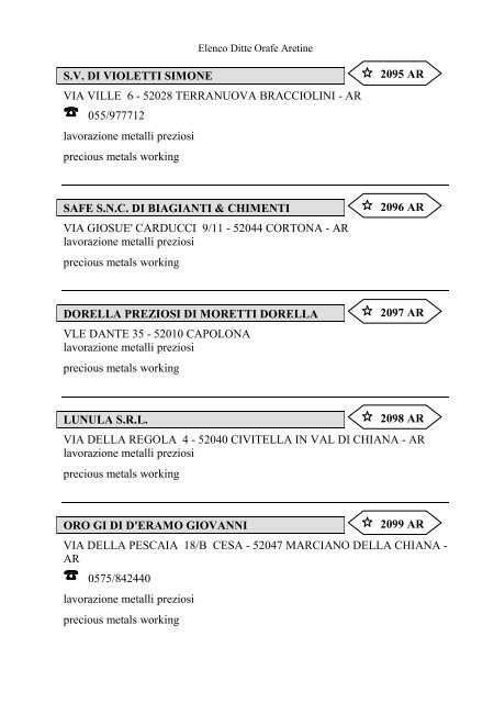 Elenco delle Ditte Orafe Aretine - Camera di Commercio Arezzo