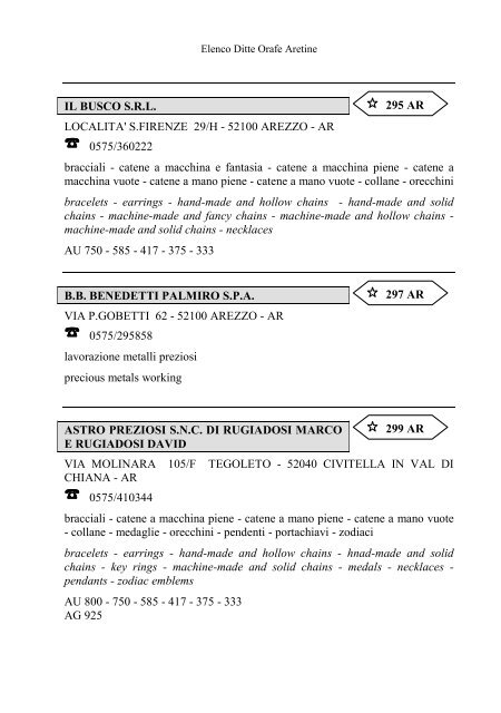 Elenco delle Ditte Orafe Aretine - Camera di Commercio Arezzo