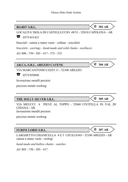 Elenco delle Ditte Orafe Aretine - Camera di Commercio Arezzo