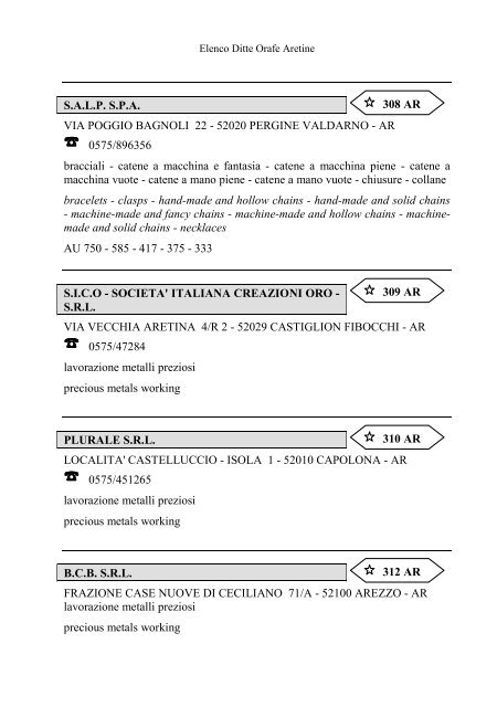 Elenco delle Ditte Orafe Aretine - Camera di Commercio Arezzo