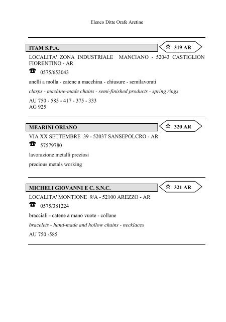 Elenco delle Ditte Orafe Aretine - Camera di Commercio Arezzo