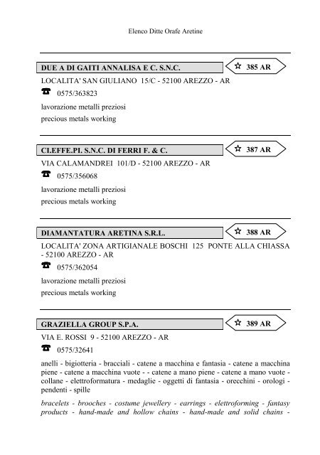 Elenco delle Ditte Orafe Aretine - Camera di Commercio Arezzo