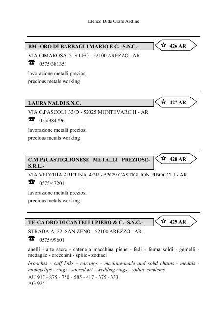 Elenco delle Ditte Orafe Aretine - Camera di Commercio Arezzo