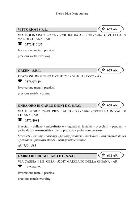 Elenco delle Ditte Orafe Aretine - Camera di Commercio Arezzo