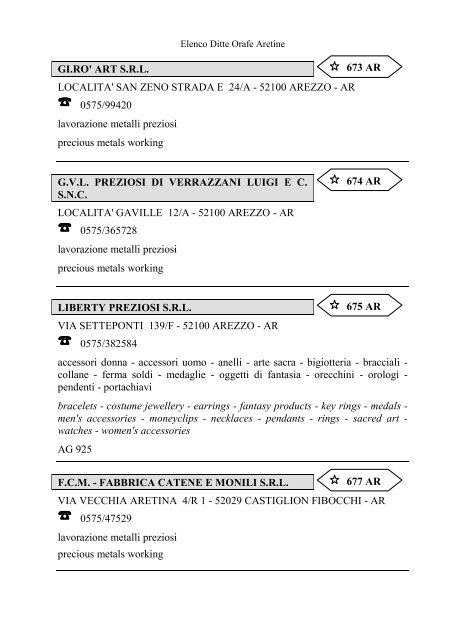 Elenco delle Ditte Orafe Aretine - Camera di Commercio Arezzo