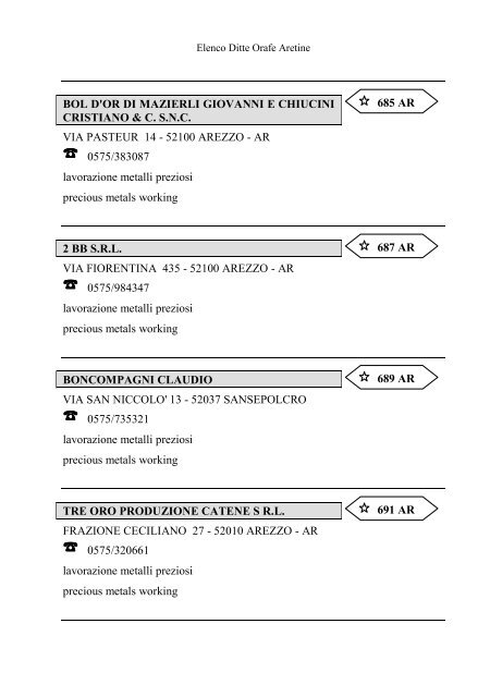 Elenco delle Ditte Orafe Aretine - Camera di Commercio Arezzo