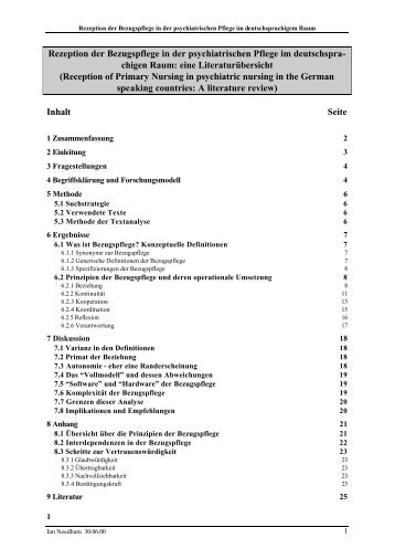 Rezeption der Bezugspflege in der psychiatrischen Pflege im ...