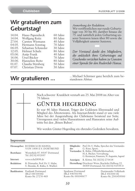 Ruderblatt Ausgabe 2/2008 - "Hansa" von 1898 e.V. - Dortmund