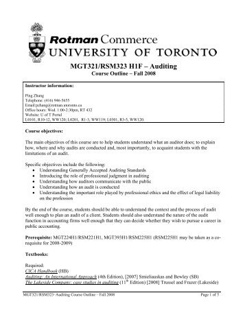 MGT321/RSM323 H1F – Auditing - University of Toronto