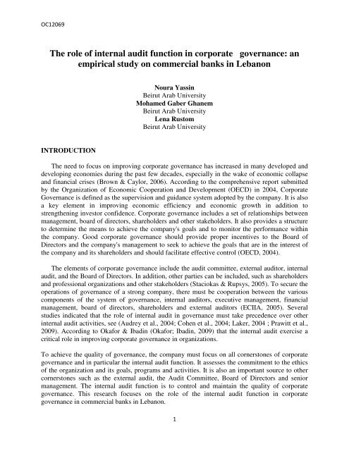The role of internal audit function in corporate governance: an ...