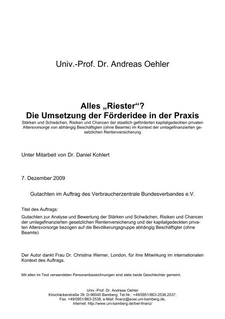 Univ.-Prof. Dr. Andreas Oehler Alles „Riester“? Die ... - vzbv