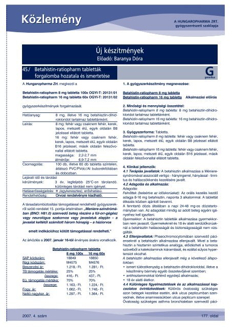 Hungaropharma ZRt. 2007 - 04 számú közlemény