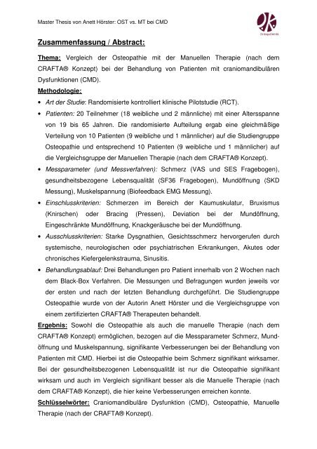 Master Thesis Anett Hoerster OST vs. MT bei - Osteopathie-Kö