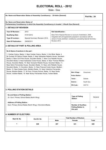 ELECTORAL ROLL - 2012 - The Chief Electoral Officer,Goa State