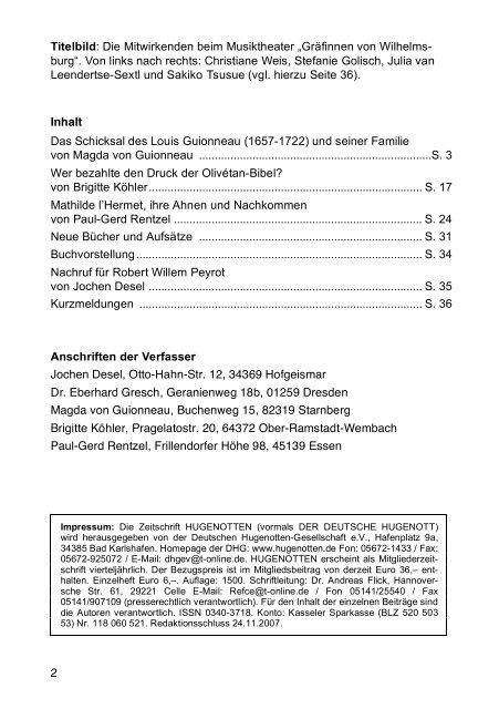 72. Jahrgang Nr. 1/2008 - Deutsche Hugenotten-Gesellschaft eV