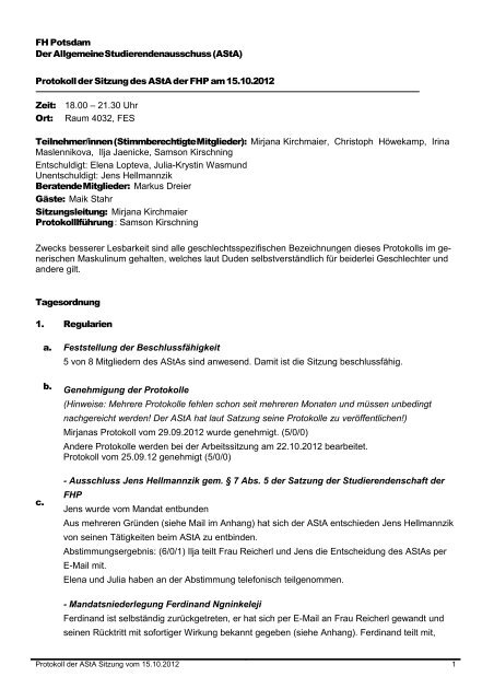 Protokoll vom 15.10.2012 - AStA Fachhochschule Potsdam