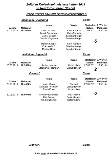 Zeitplan Kreiseinzelmeisterschaften 2011 in Neudorf (Sterner Straße)