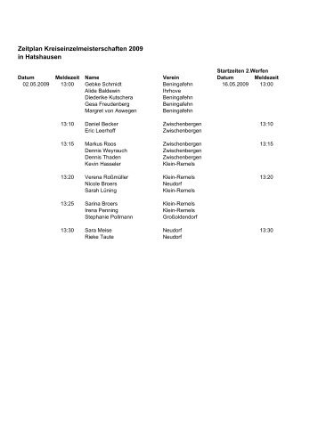 Zeitplan Kreiseinzelmeisterschaften 2009 in Hatshausen