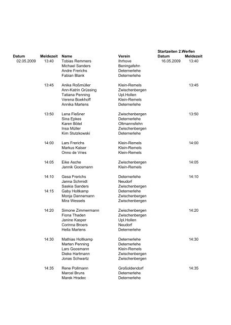 Zeitplan Kreiseinzelmeisterschaften 2009 in Hatshausen