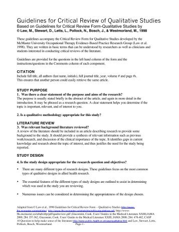 critical appraisal of researches qualitative This set of eight critical appraisal tools are designed to be used when reading research, these include tools for systematic reviews, randomised controlled trials, cohort studies, case control studies, economic evaluations, diagnostic studies, qualitative studies and clinical prediction rule. critical appraisal of researches qualitative This set of eight critical appraisal tools are designed to be used when reading research, these include tools for systematic reviews, randomised controlled trials, cohort studies, case control studies, economic evaluations, diagnostic studies, qualitative studies and clinical prediction rule.
