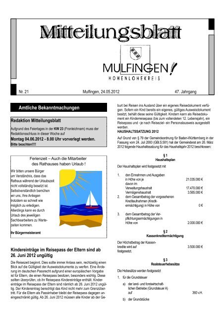 Allgemeiner Kopfbogen - Gemeinde Mulfingen