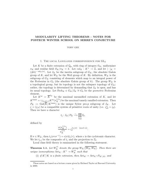 MODULARITY LIFTING THEOREMS - NOTES FOR POSTECH ...