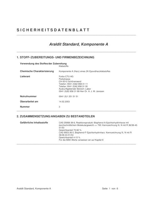 SICHERHEITSDATENBLATT Araldit Standard, Komponente A