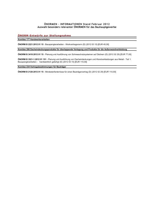 ÖNORMEN – INFORMATIONEN Stand Februar 2012 Auswahl ...