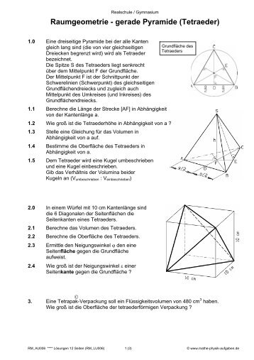 Raumgeometrie - gerade Pyramide - Mathe-Physik-Aufgaben