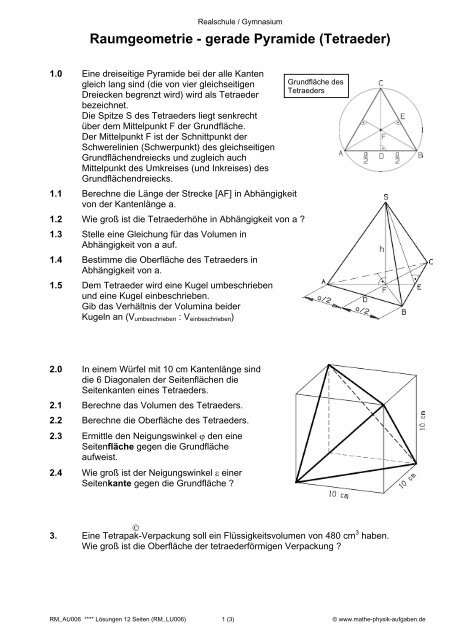 Raumgeometrie - gerade Pyramide - Mathe-Physik-Aufgaben