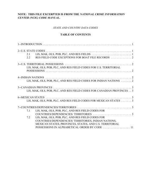 STATE AND COUNTRY DATA CODES - NOTE: THIS FILE ... - FBI