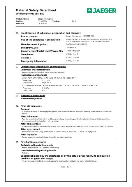 Material Safety Data Sheet - Paul Jaeger GmbH & Co. KG